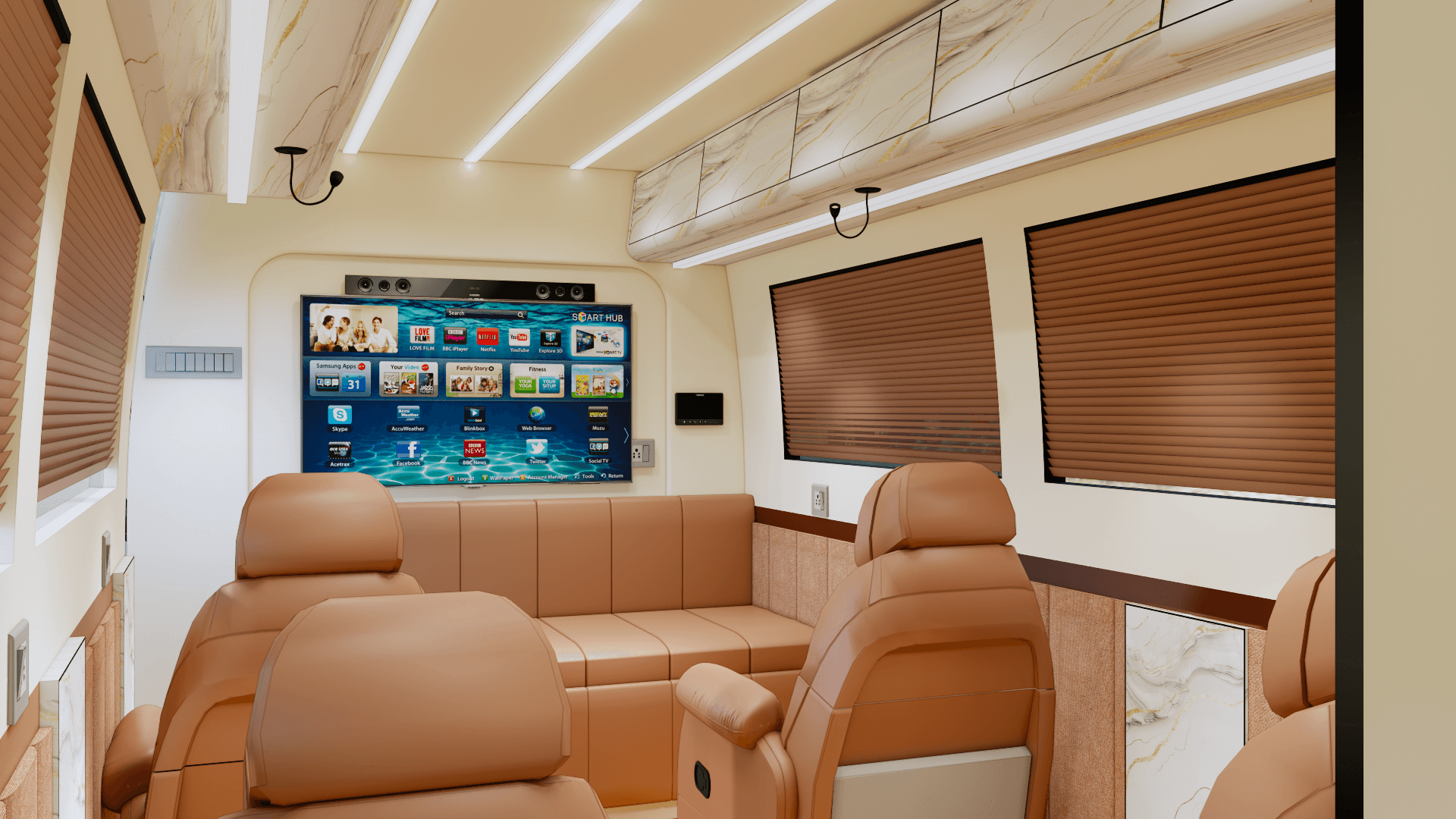 Interior of a luxury sprinter van configured as a mobile office