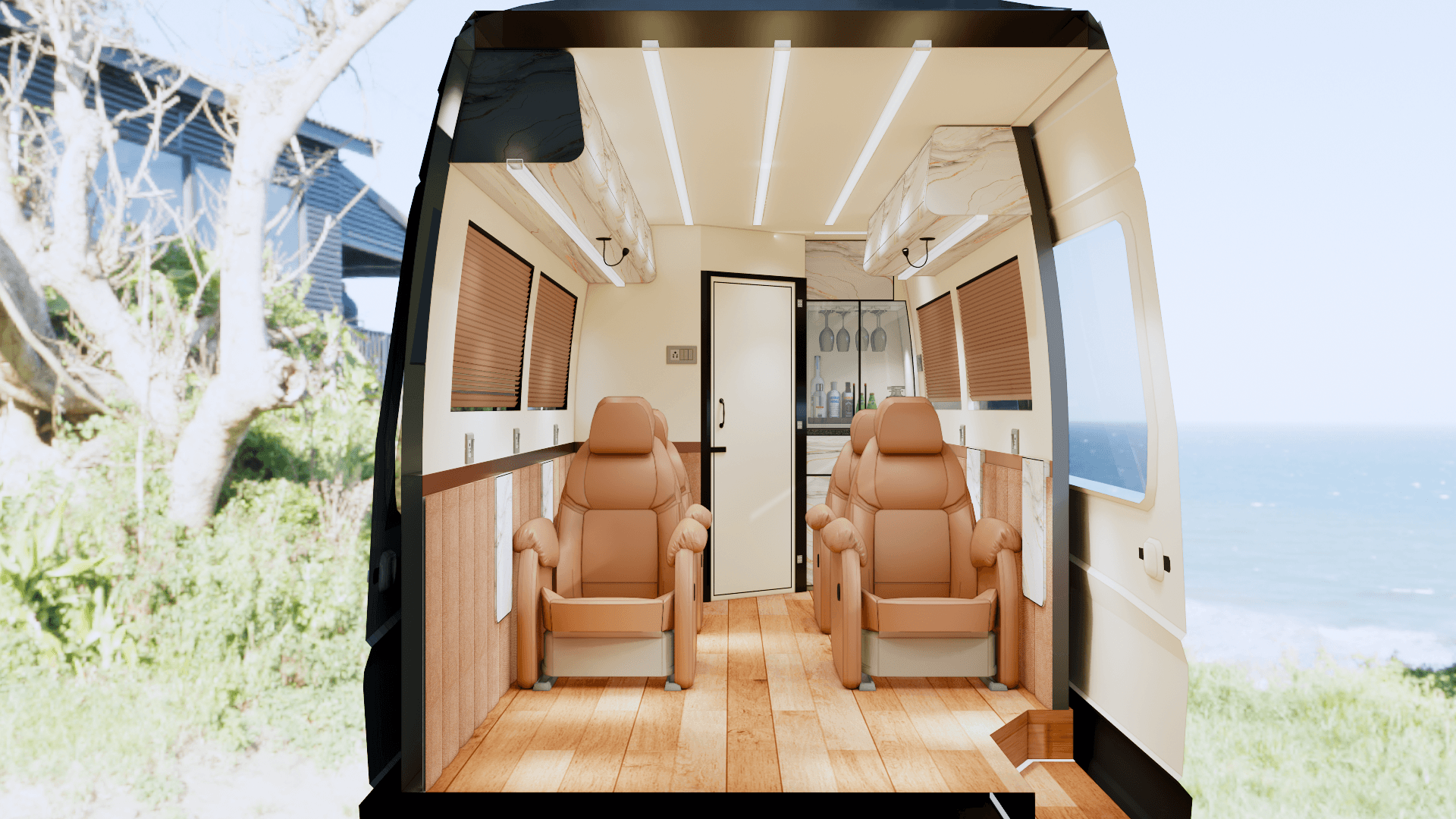 Luxury van interior with an intimate lounge layout